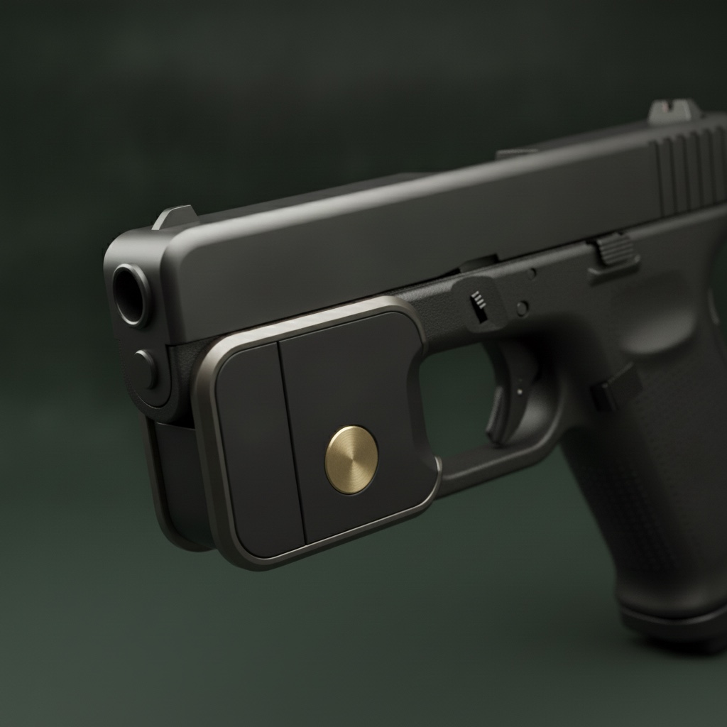 A Biolokk biometric lock seated in a pistol's trigger guard, matte-black doors closed over a brushed-brass fingerprint sensor, in a deep-green studio. Product visualization.