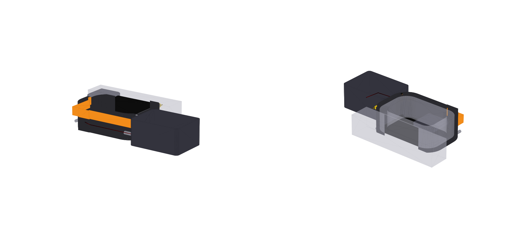 The same Biolokk mechanism assembled: a compact unit sized to live inside a pistol's trigger guard. Engineering visualization.